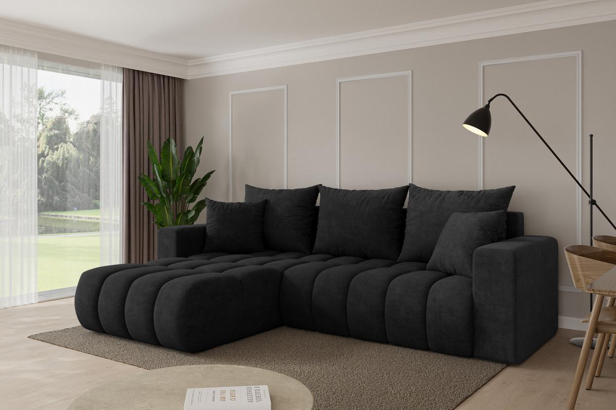 ECKSOFA mit Schlaffunktion Ottomane Links MILA-L-v1 277x195x86 Schwarz Velours - Schwarz, Holzwerkstoff/Kunststoff (277/194cm) - ALTDECOR