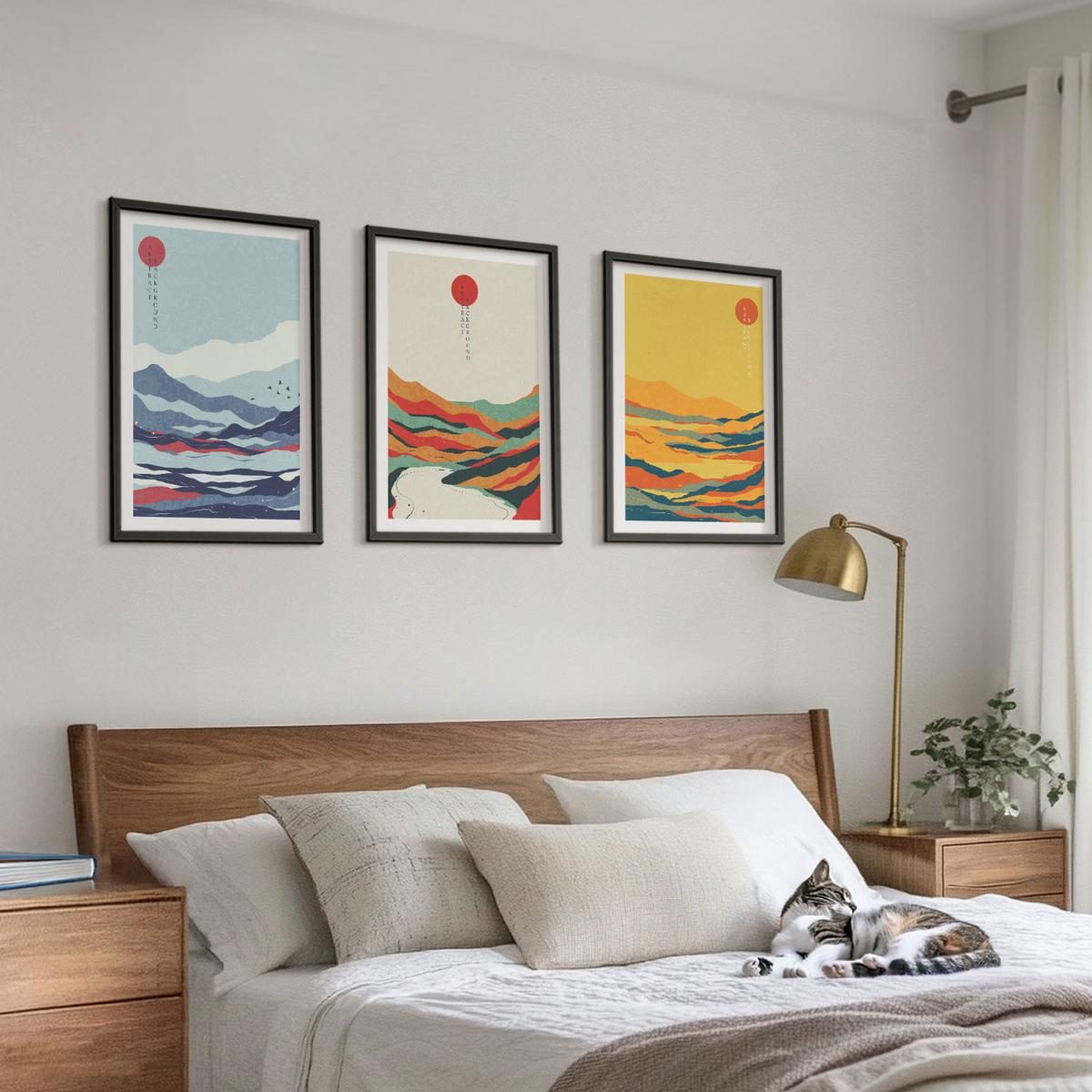 BILDER SET 3er Set - 40x60 cm Schwarzer Rahmen - Abstraktion von farbenfrohen Bergen und Flüssen - Schwarz, Kunststoff (40/60cm) - TULUP