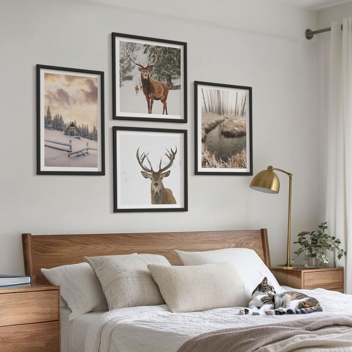 BILDER SET 4er Set - 50x50 cm & 40x60 cm Schwarzer Rahmen - Winterlandschaft mit Hirschen - Schwarz, Kunststoff (50/50cm) - TULUP