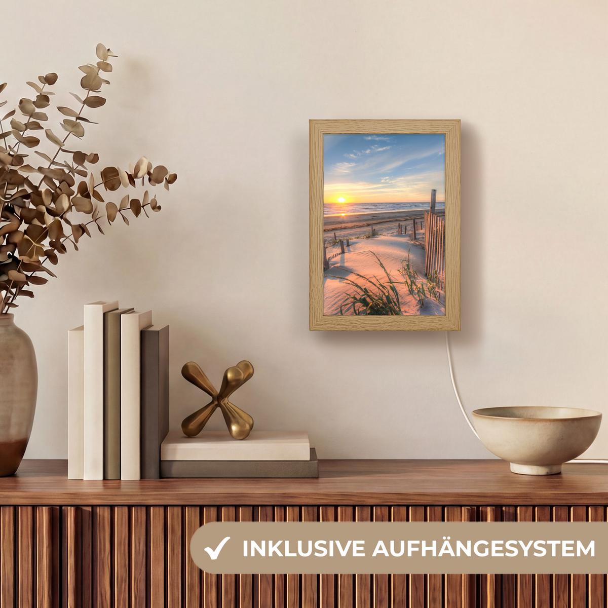 TISCHLEUCHTE Strand - Meer - Düne - Sonnenuntergang - Landschaft 15x20 cm - Creme, Holzwerkstoff (8/15/20cm) - OnlyWow