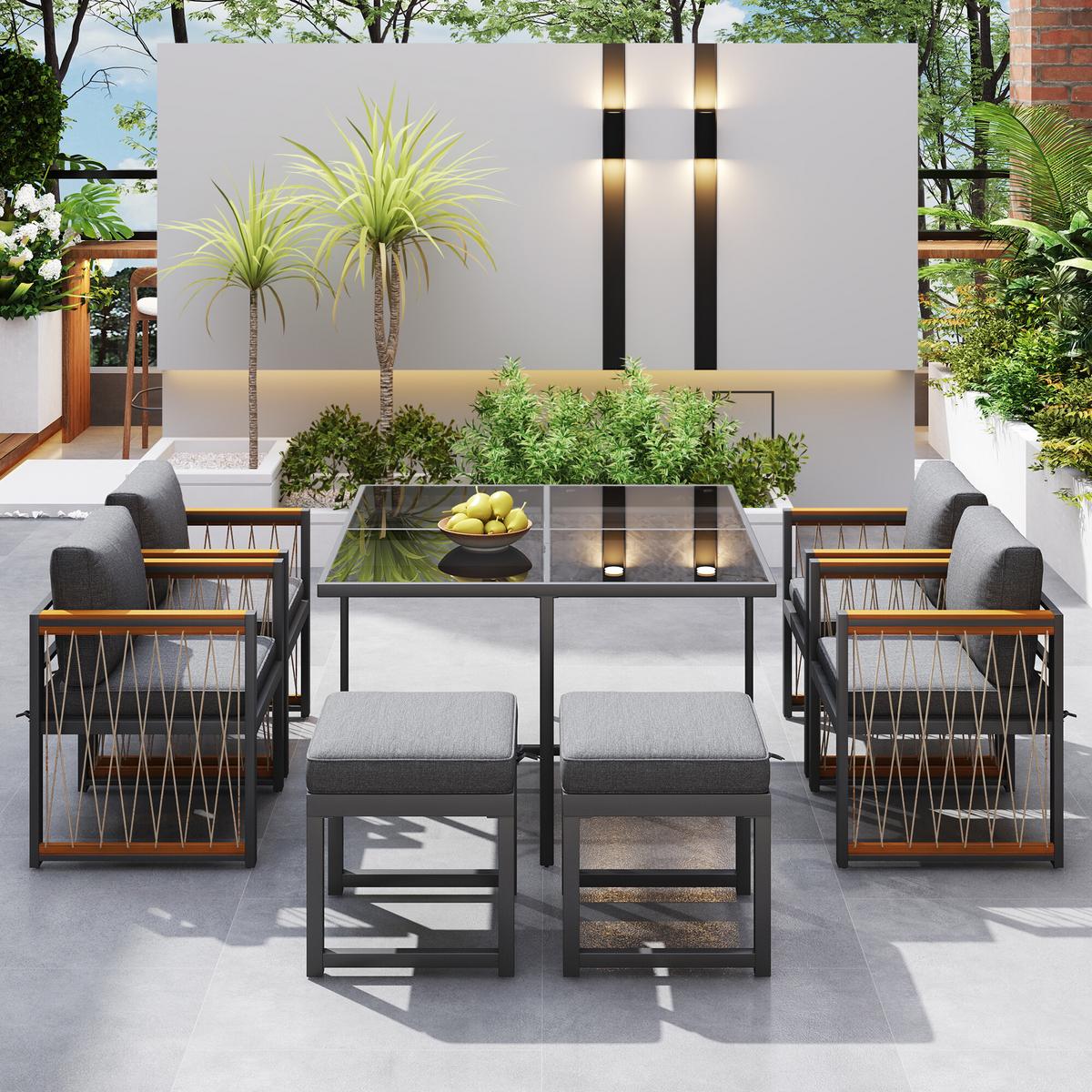 GARTENMÖBEL-SETS mit Sitzkissen 7-teilig - Grau, Glas/Metall - Urban Meuble