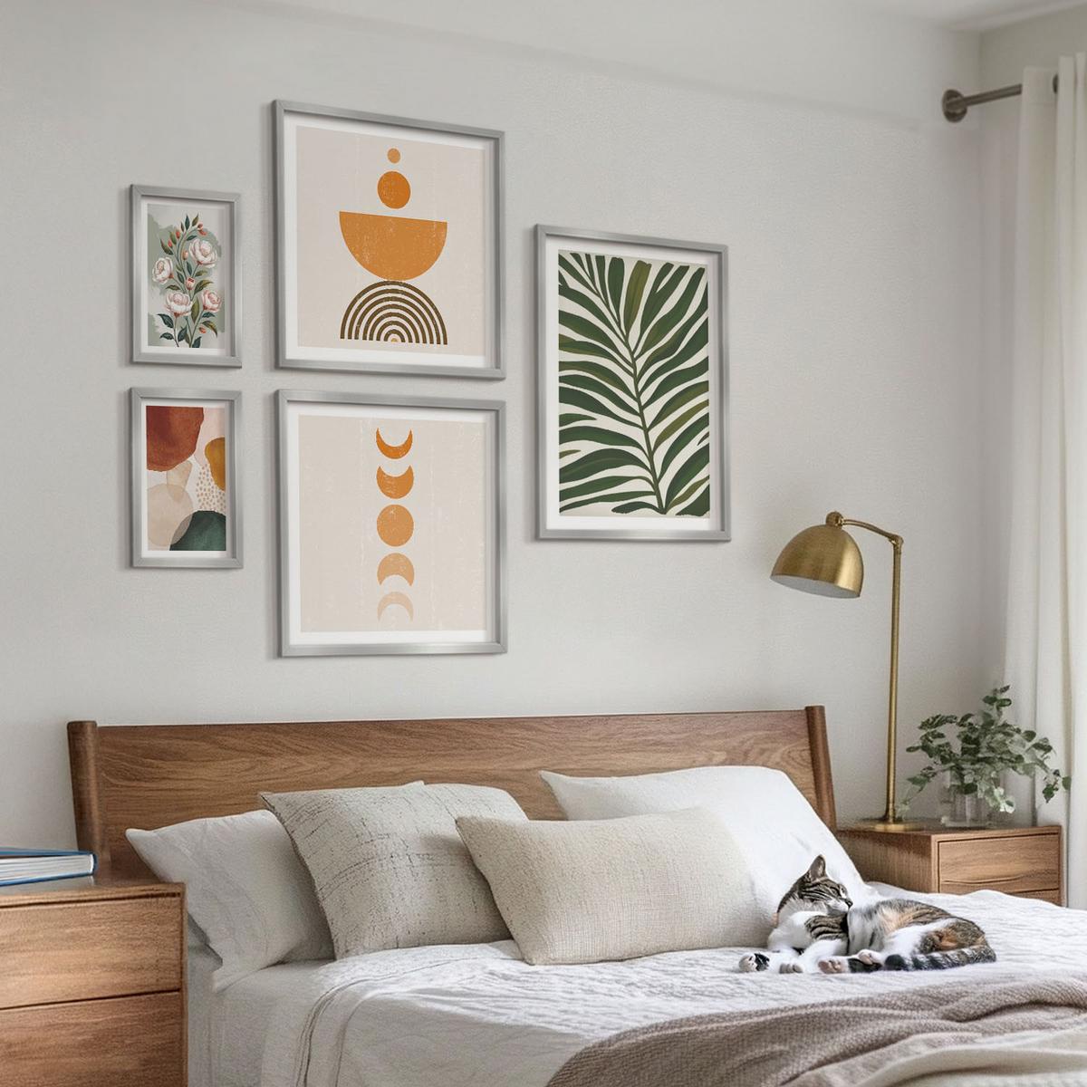 BILDER SET 5er Set - 50x50 cm & 20x30 cm & 40x60 cm Silberner Rahmen - Abstrakte Blattformen - Silberfarben, Kunststoff (40/60cm) - TULUP