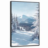 LEINWAND Bilder mit Rahmen - Winterlandschaft - Natur - Berge - Bäume - Schnee - 80x120 - Hellblau, Textil (80/120cm) - MuchoWow
