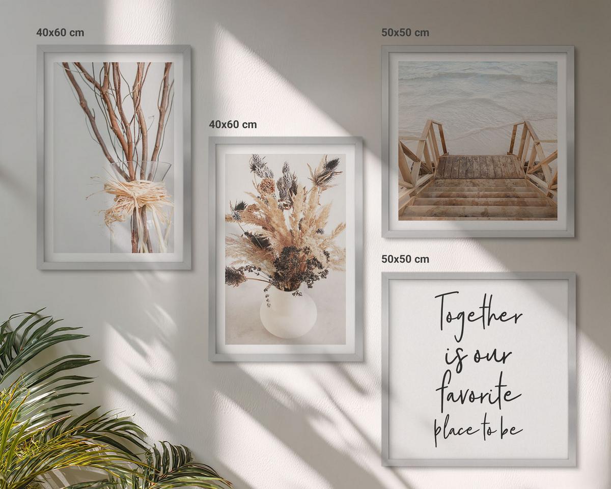 BILDER SET 4er Set - 50x50 cm & 40x60 cm Silberner Rahmen - Blumenzweige Minimalismus Natur - Silberfarben, Kunststoff (50/50cm) - TULUP