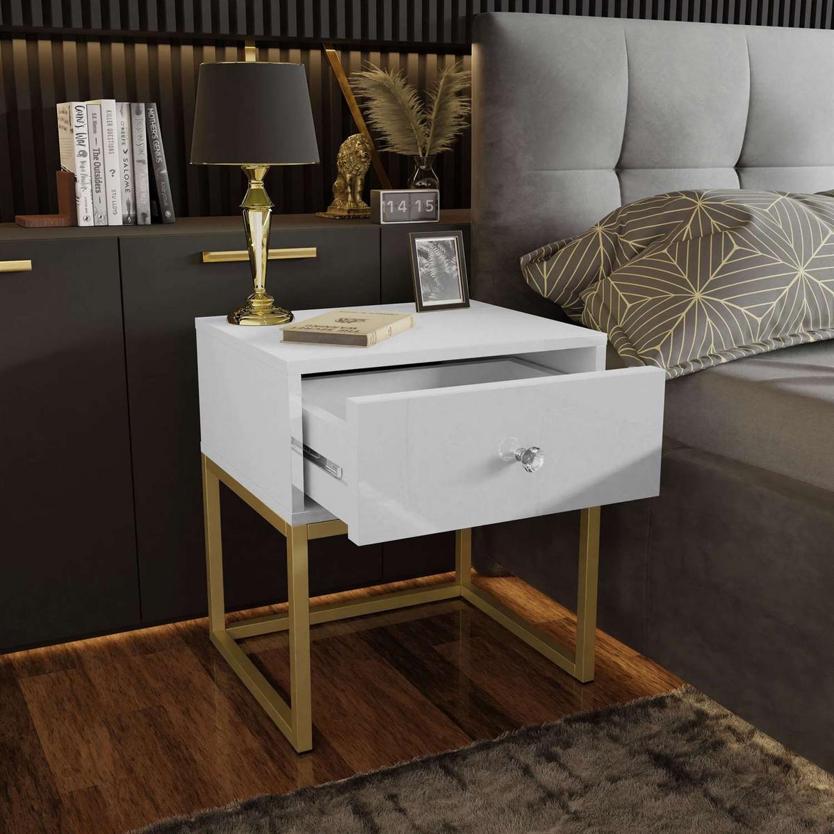 NACHTTISCH BLANCO GOLD auf goldenem Gestell Weiß Hochglanz Kristallgriff - Weiß Hochglanz, Holzwerkstoff (45/53/36.6cm) - Lookway
