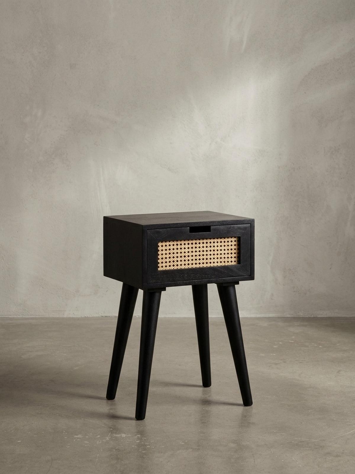 NACHTTISCH – Mango Massivholz/Rattan, 40x60x30 cm, Schwarz, 1 Schublade, Wiener Geflecht - Schwarz, Holz (40/60/30cm) - KADIMA DESIGN