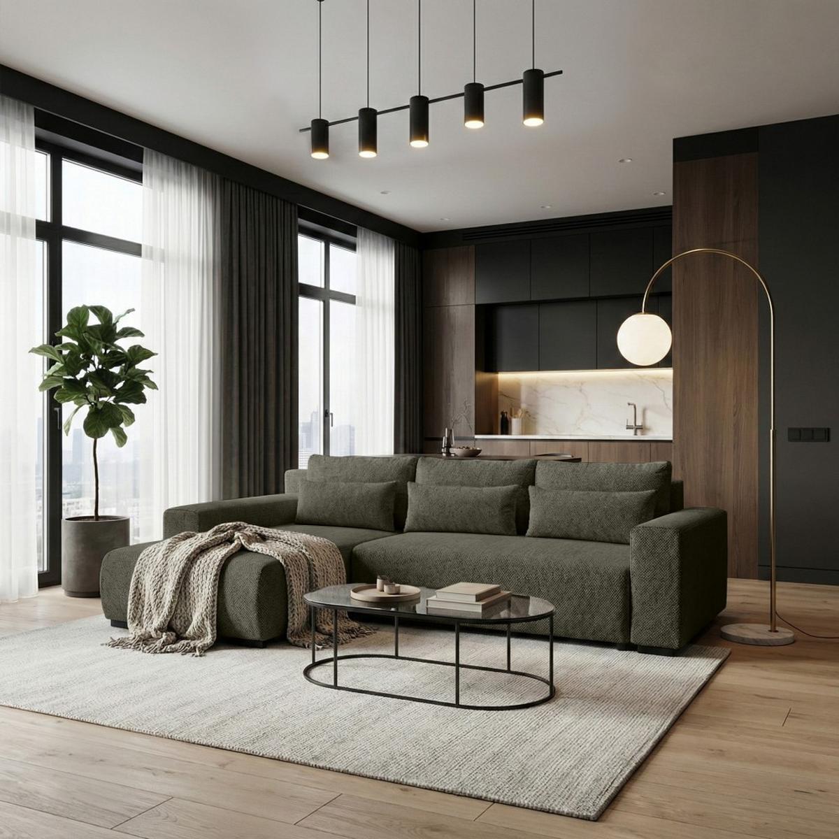 ECKSCHLAFSOFA Benny olivgrün links - Schwarz/Olivgrün, Kunststoff/Textil (271/185cm) - Beautysofa