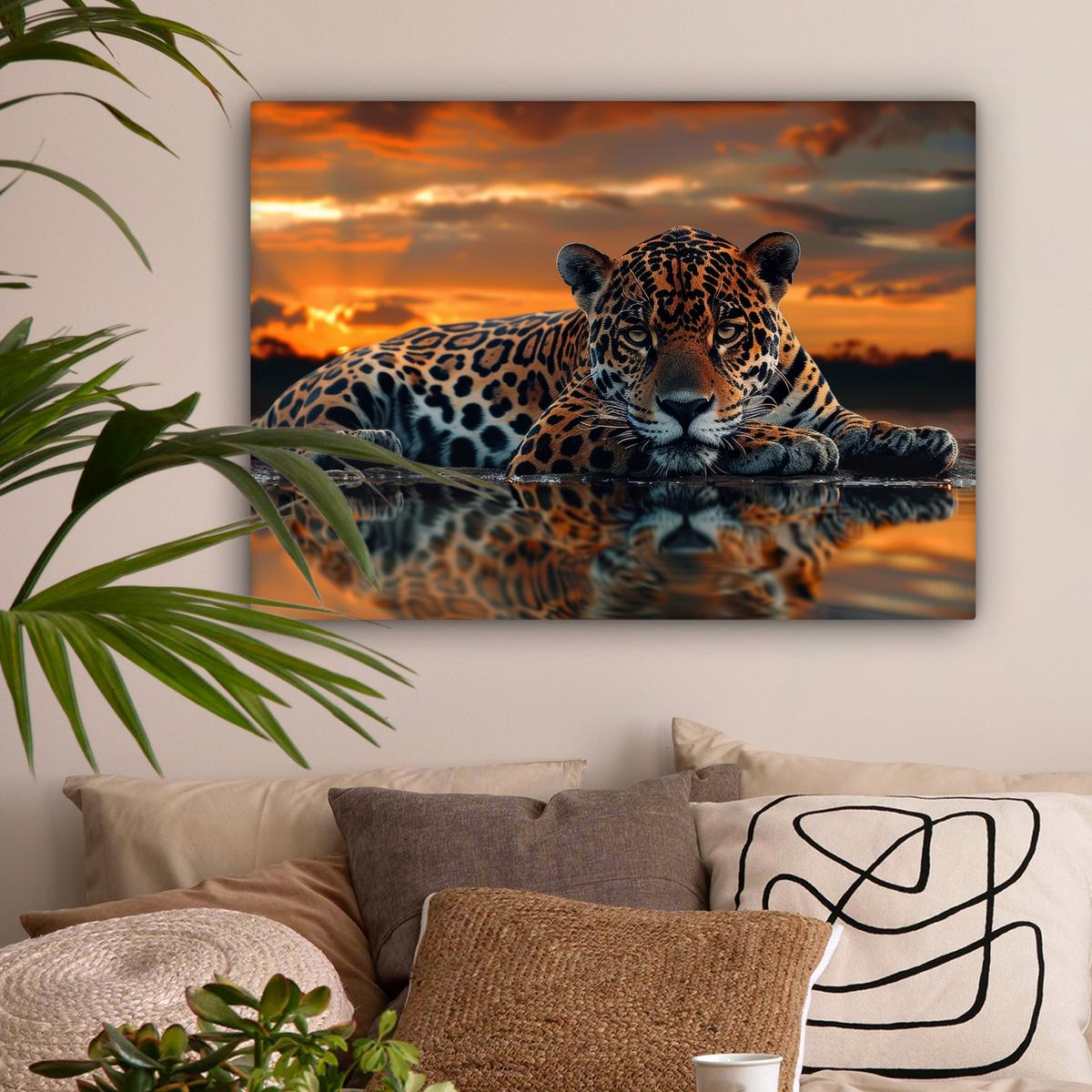 LEINWANDBILD Natur - Leopard - Tier - Sonnenuntergang - Modern Wandbilder 80x60 cm - Orange, Textil (80/60cm) - MuchoWow