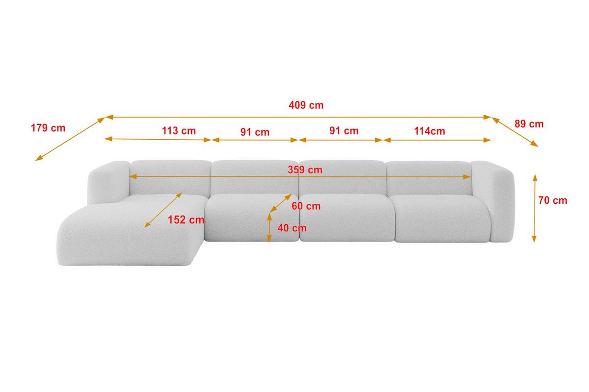 ECKSOFA Ottomane Links MIRA-L3 409x179x70 Hellgrau Bouclé - Silberfarben/Hellgrau, Holzwerkstoff/Kunststoff (409/179cm) - ALTDECOR