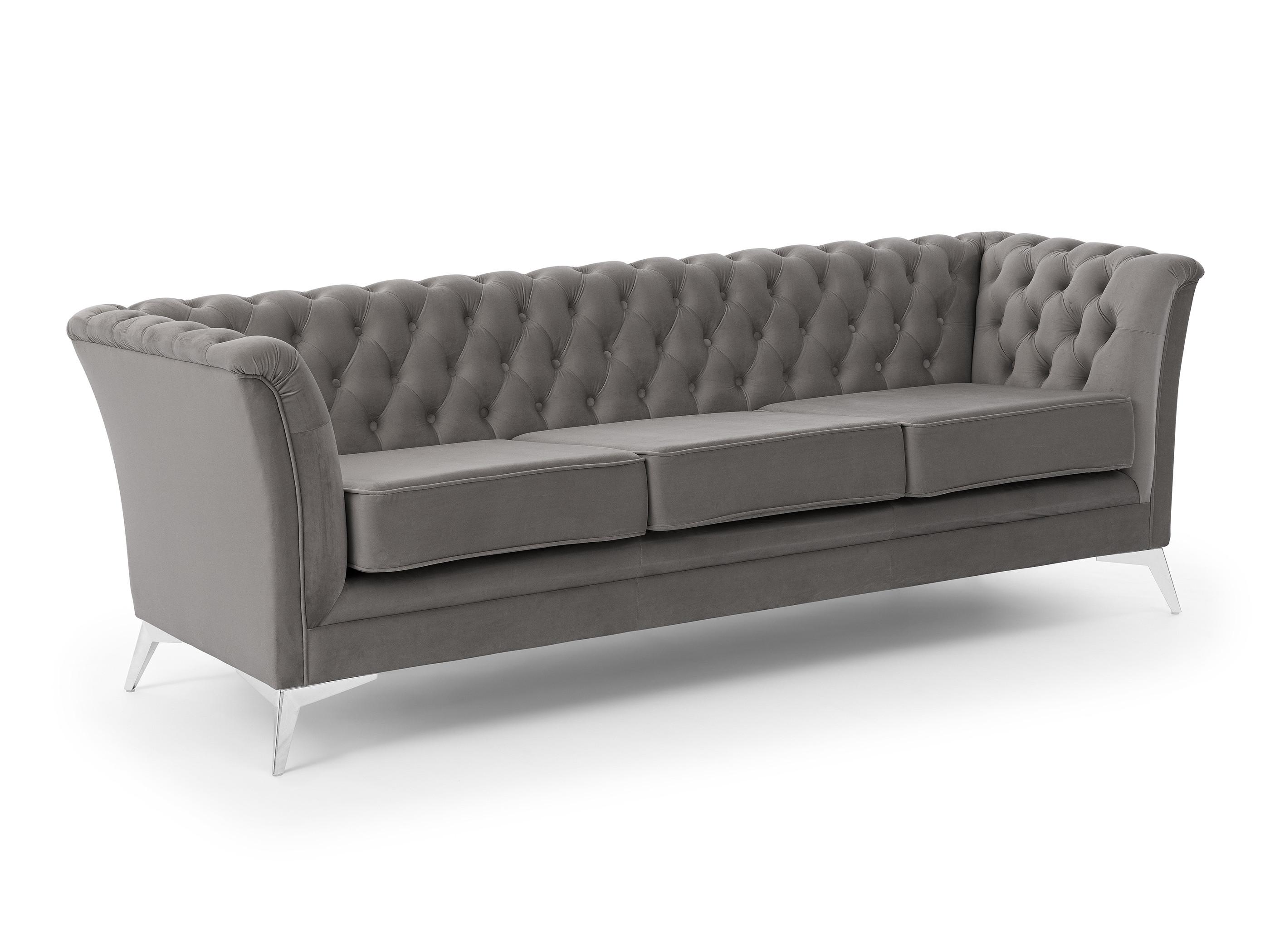 CHESTERFIELD-SOFA 3-sitzer Whitby Grau Samt mit silbernen Füßen - Silberfarben/Grau, Holz/Textil (237/78/82cm) - S-Style Möbel