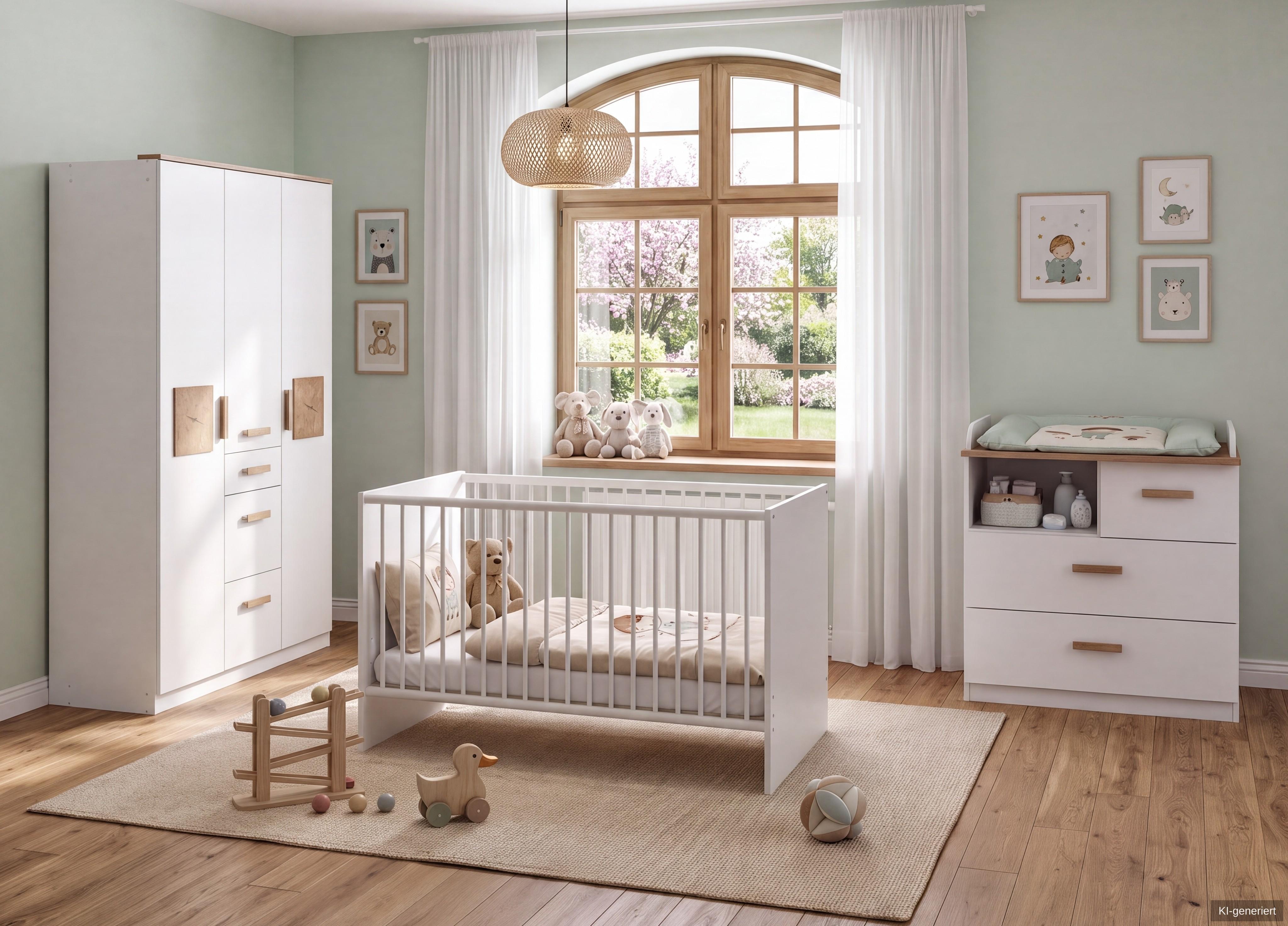 BABYZIMMER-SET 3-tlg.: Babybett & Wickelkommode & Kleiderschrank 3-türig B135/H199/T58 cm, Weiß mit Eiche & Hirnholz Dekor / 22813 - Eichefarben/Weiß, Holzwerkstoff (135/199/58cm) - luma-home