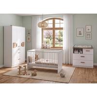 BABYZIMMER-SET 3-tlg.: Babybett & Wickelkommode & Kleiderschrank 3-türig B135/H199/T58 cm, Weiß mit Eiche & Hirnholz Dekor / 22813 - Eichefarben/Weiß, Holzwerkstoff (135/199/58cm) - luma-home