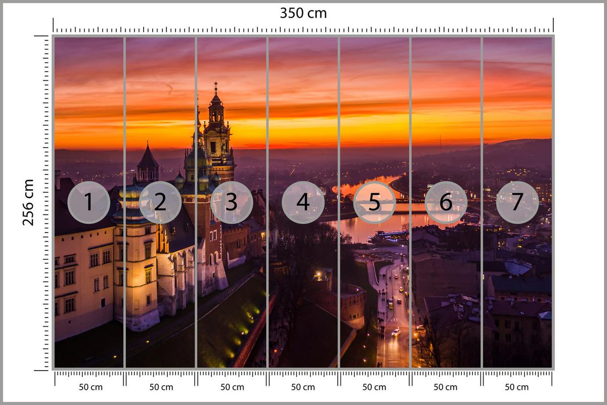 FOTOTAPETE für Wohnzimmer Sonnenuntergang Wawelburg Architektur Stadt 350x256 - Orange, Papier (350/256cm) - Muralo