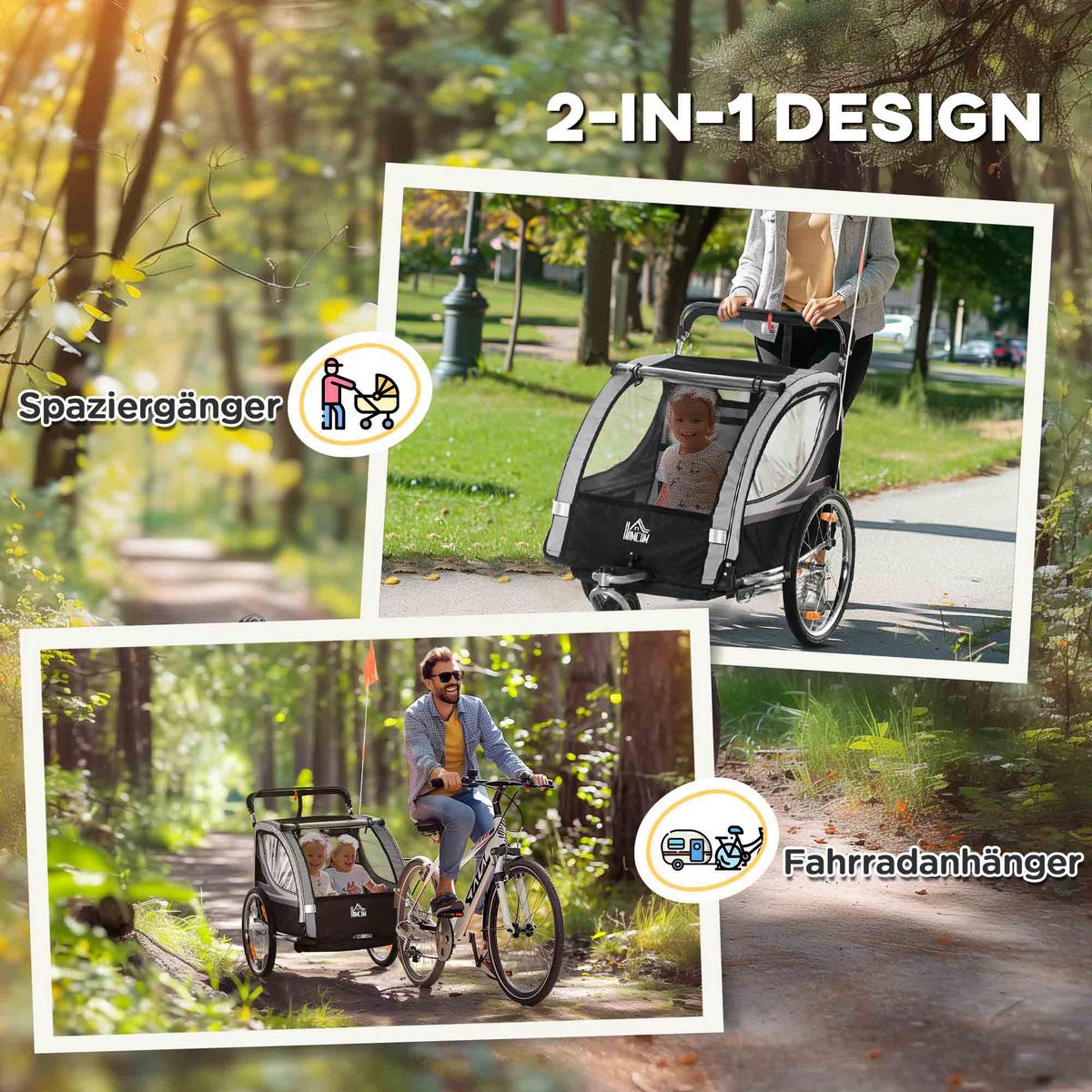 KINDERFAHRRADANHÄNGER, Stahl, Polyester, Grau+Schwarz - Grau, Kunststoff (75/101/142cm) - HOMCOM