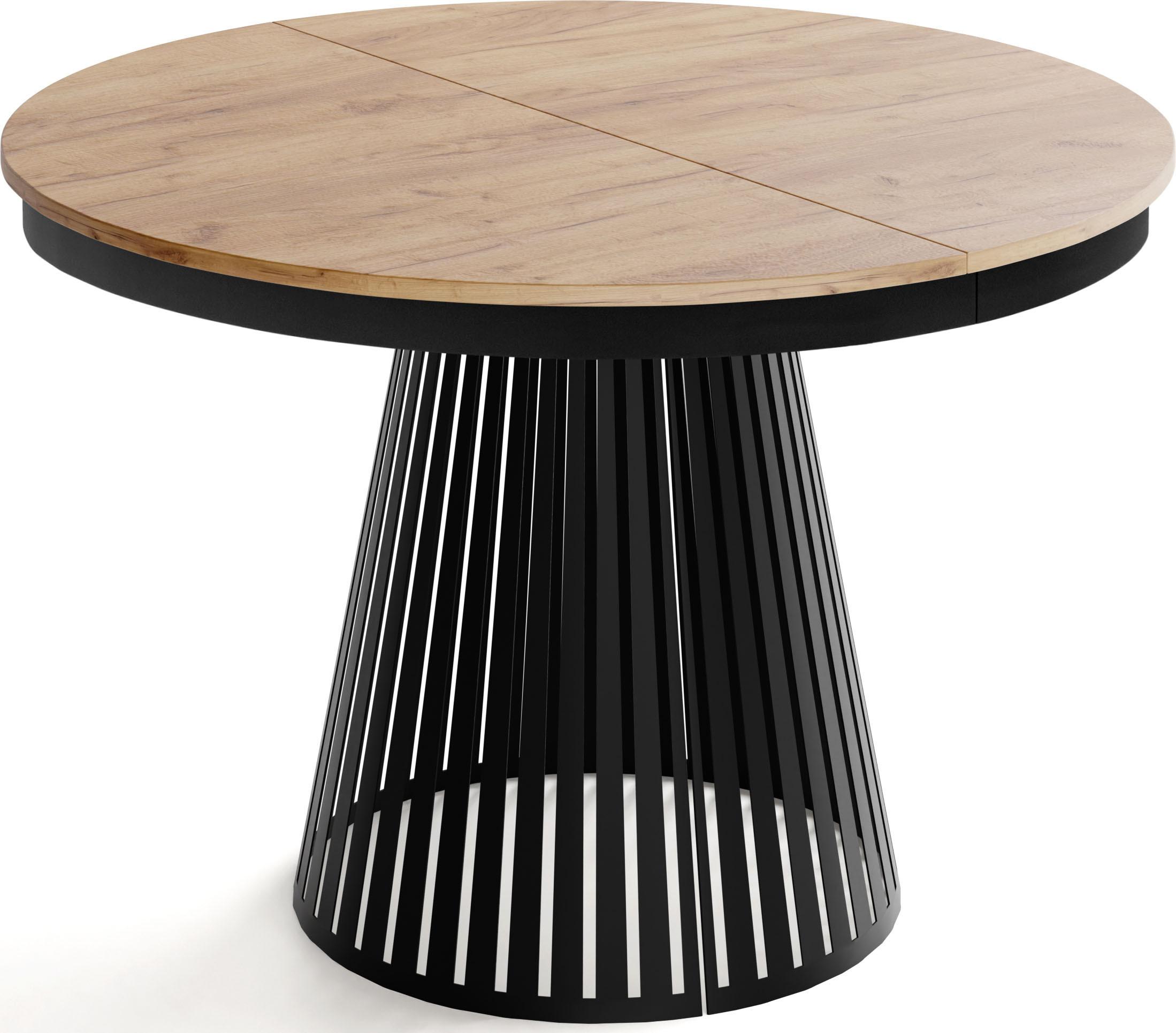 ESSTISCH Naro rund ausziehbar mit Schwarzem Lamellen-Metallgestell, Braun 120-200/120/76 cm - Eiche Wotan/Schwarz, Holzwerkstoff/Metall (120/196/76cm) - WFL GROUP