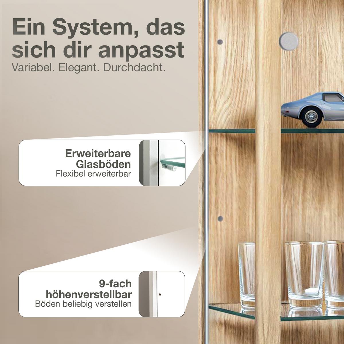 GLASVITRINE 33/37/176 cm mit LED & 4 höhenverstellbaren Glasböden - Transparent/Silberfarben, Glas/Holzwerkstoff (37/176/33cm) - K-Möbel