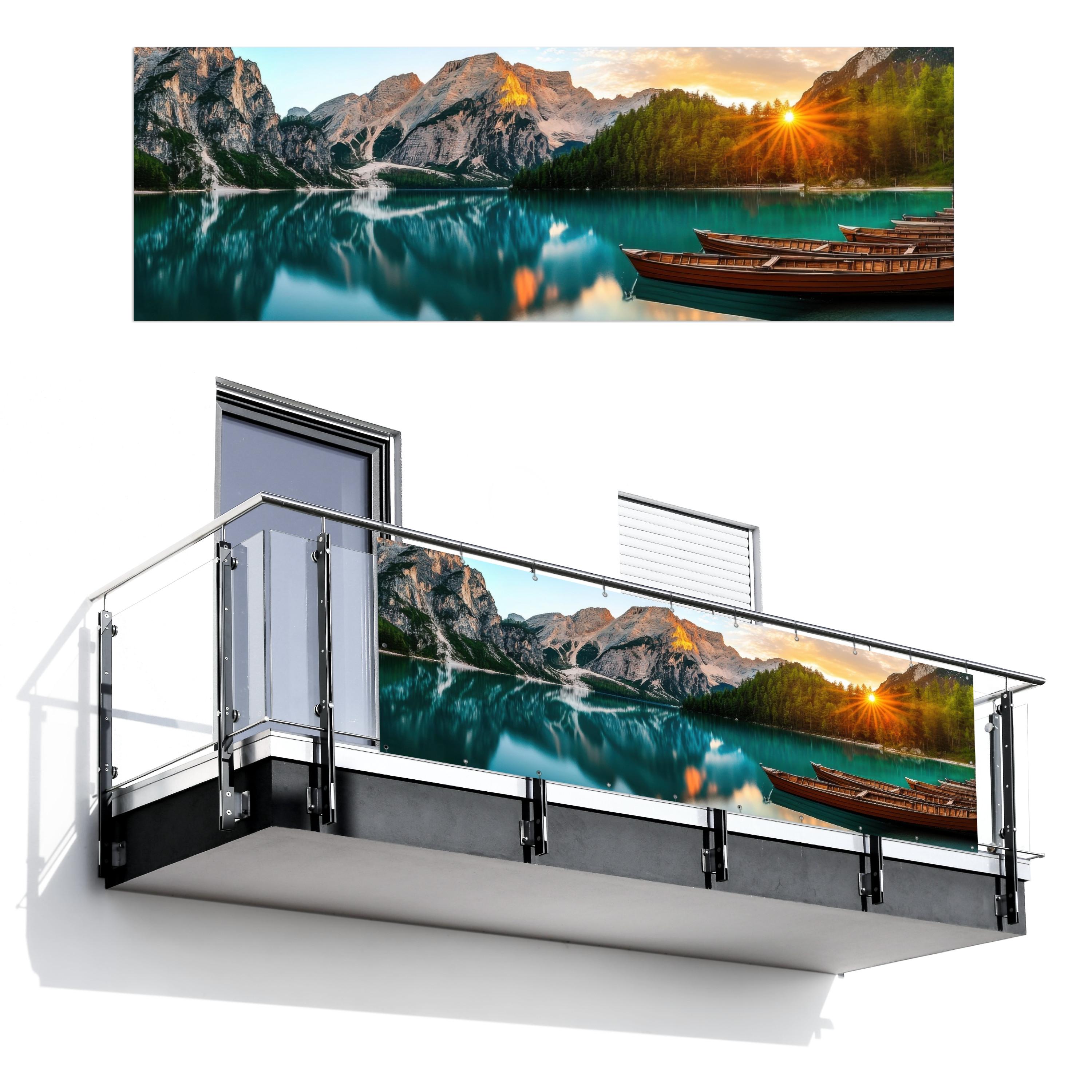 BALKON-SICHTSCHUTZ See - Berge - Sonnenuntergang - Boot Windschutz 300x100 cm - Petrol, Kunststoff (300/100cm) - MuchoWow