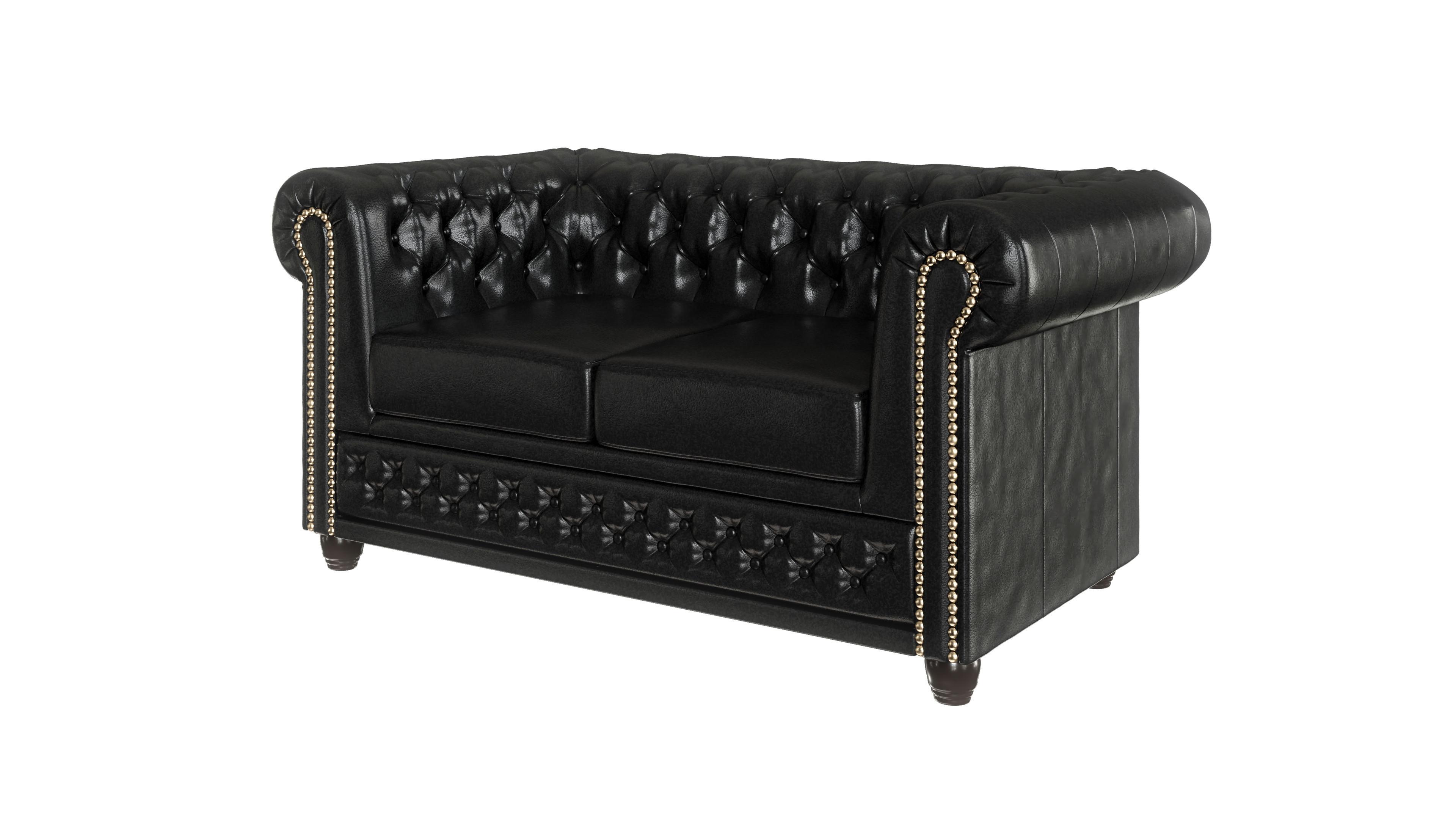 CHESTERFIELD-SOFA 2-sitzer Morin Schwarz vegan Leder - Schwarz/Braun, Holz/Textil (148/72/86cm) - S-Style Möbel
