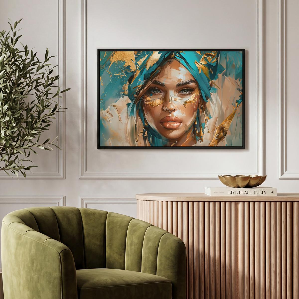 LEINWAND Bilder mit Rahmen - Frau - Porträt - Gold - Luxus - Blau - 60x40 - Türkis, Textil (60/40cm) - MuchoWow