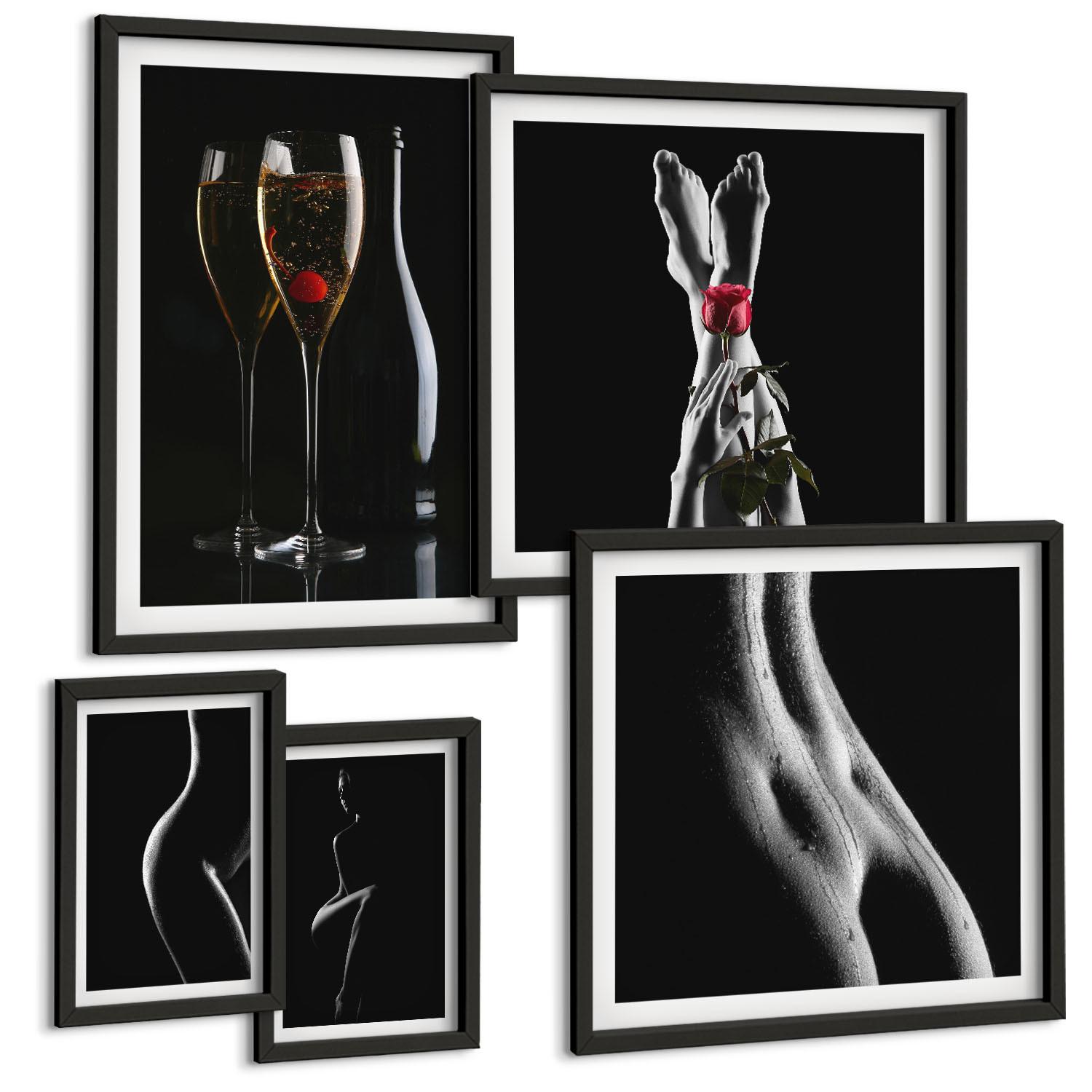 BILDER SET 5er Set - 50x50 cm & 20x30 cm & 40x60 cm Schwarzer Rahmen - Schwarze und weiße weibliche Formen - Schwarz, Kunststoff (40/60cm) - TULUP