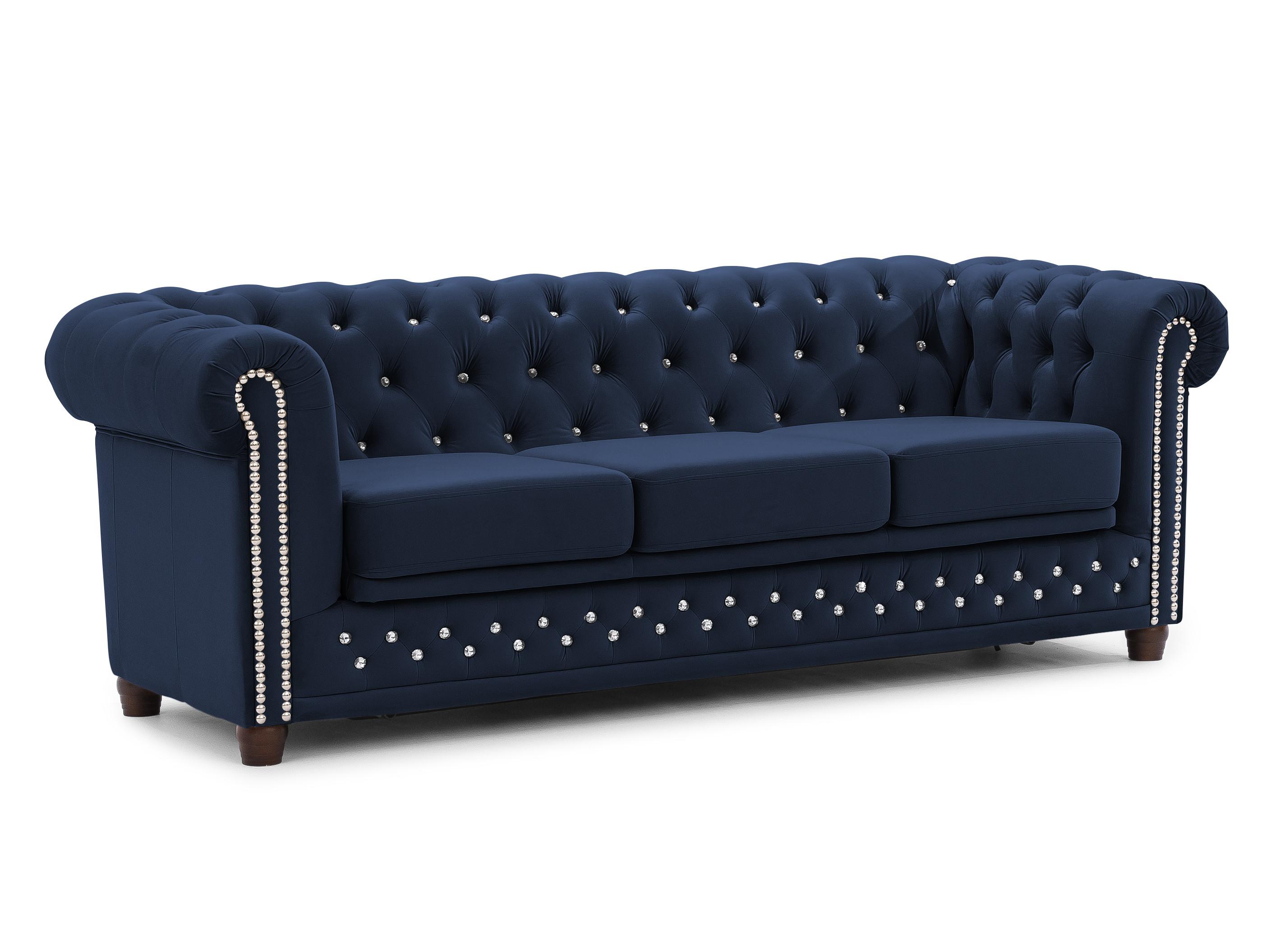 CHESTERFIELD-SOFA 3-Sitzer mit Schlaffunktion Cleo Blink Marineblau Samt mit Kristallsteppung und braunen Massivholzfüßen - Blau/Braun, Holz/Textil (203/72/86cm) - S-Style
