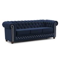 CHESTERFIELD-SOFA 3-Sitzer mit Schlaffunktion Cleo Blink Marineblau Samt mit Kristallsteppung und braunen Massivholzfüßen - Blau/Braun, Holz/Textil (203/72/86cm) - S-Style