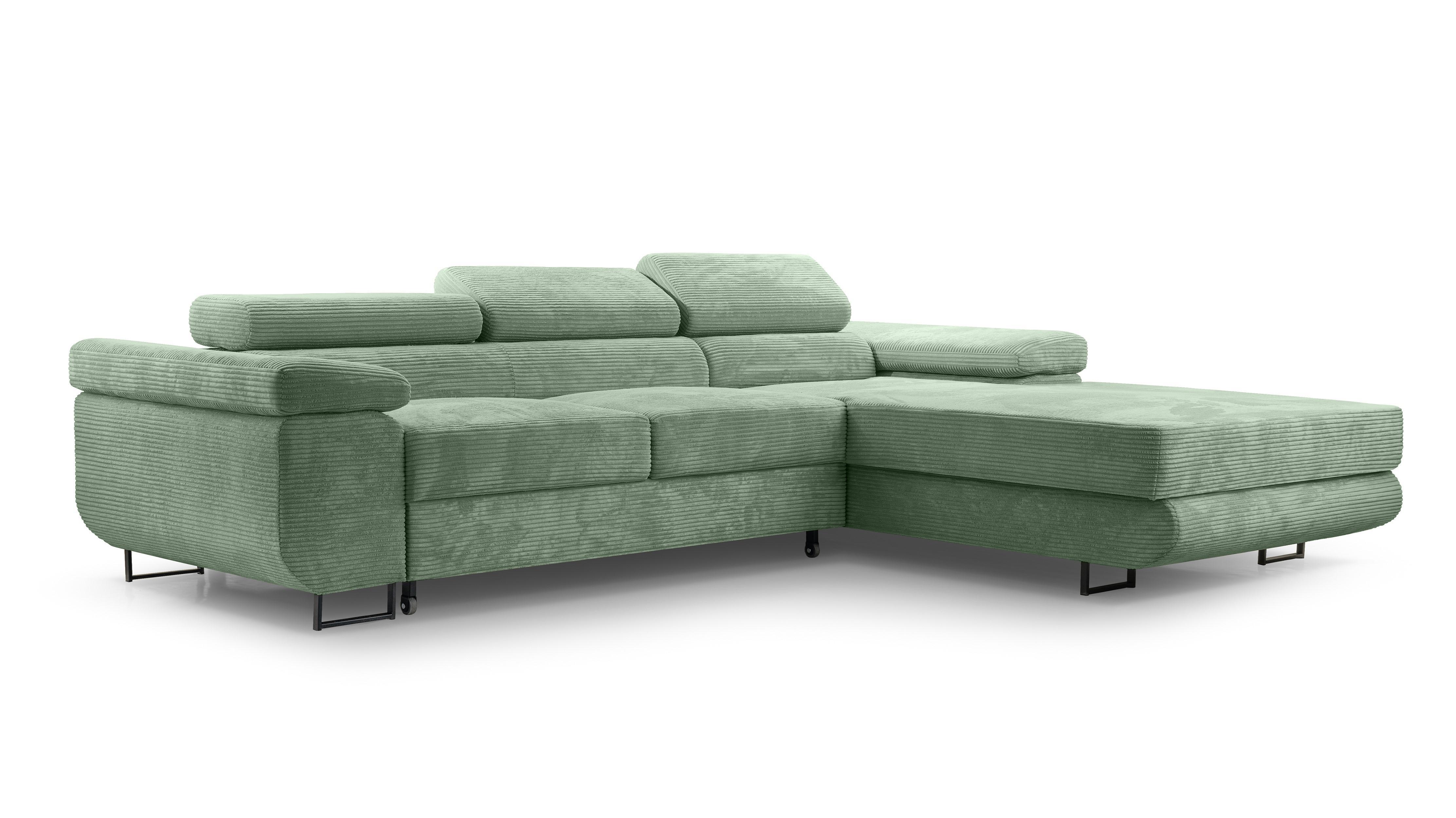 ECKSOFA L Form Arborio Salbeigrün 280/203/90 cm Rechts mit Schlaffunktion - Schwarz/Grün, Textil/Metall (280/203cm) - AX Living