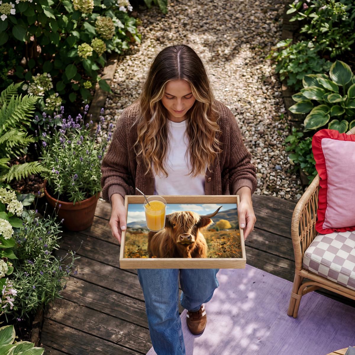 TABLETT Schottische Highlander - Blumen - Hörner - Wolken 50x35 cm - Braun, Holz (50/5/5cm) - OnlyWow
