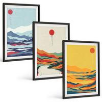 BILDER SET 3er Set - 40x60 cm Schwarzer Rahmen - Abstraktion von farbenfrohen Bergen und Flüssen - Schwarz, Kunststoff (40/60cm) - TULUP