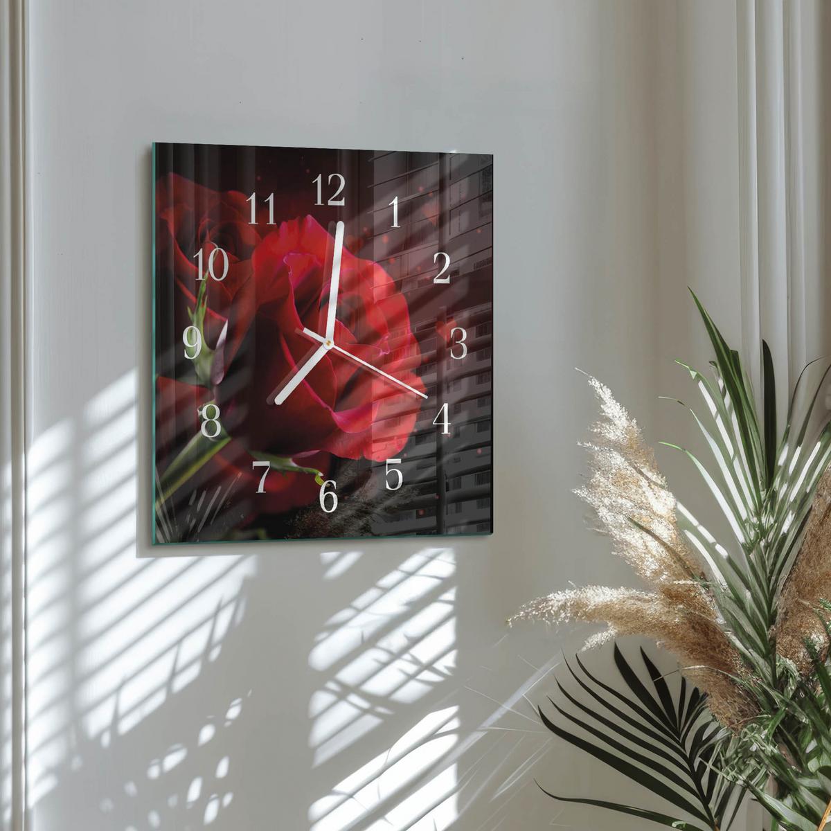 WANDUHR aus Glas 30x30 cm - Rosen - Rot, Glas (30/30/0.4cm) - TULUP