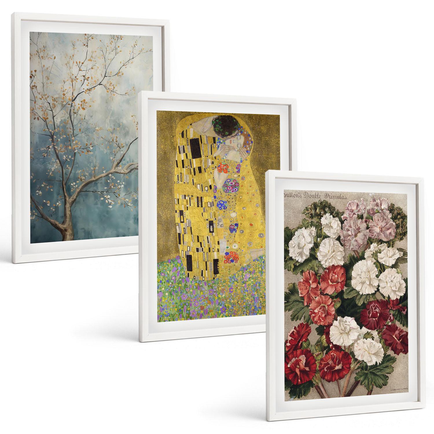 BILDER SET 3er Set - 40x60 cm Weißer Rahmen - Blumen des Baumes (Gemälde von Klimt) - Weiß, Kunststoff (40/60cm) - TULUP