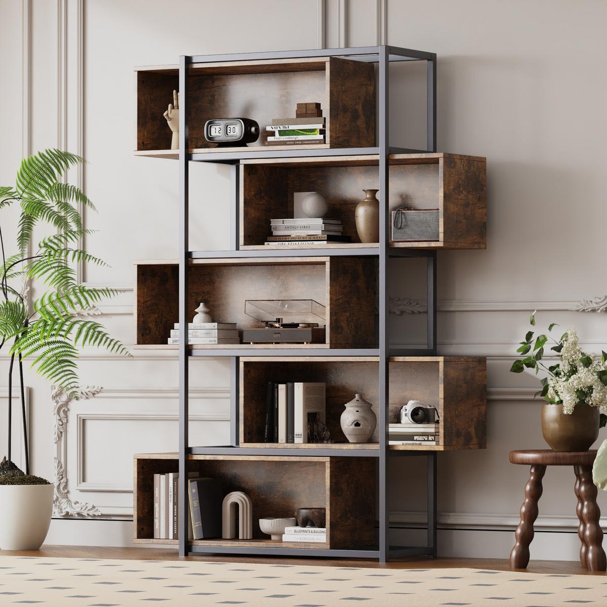 LEITERREGAL Industrielles Offenes Regalsystem mit 6 Fächern - Braun, Holzwerkstoff/Metall (121/176/35cm) - Urban Meuble
