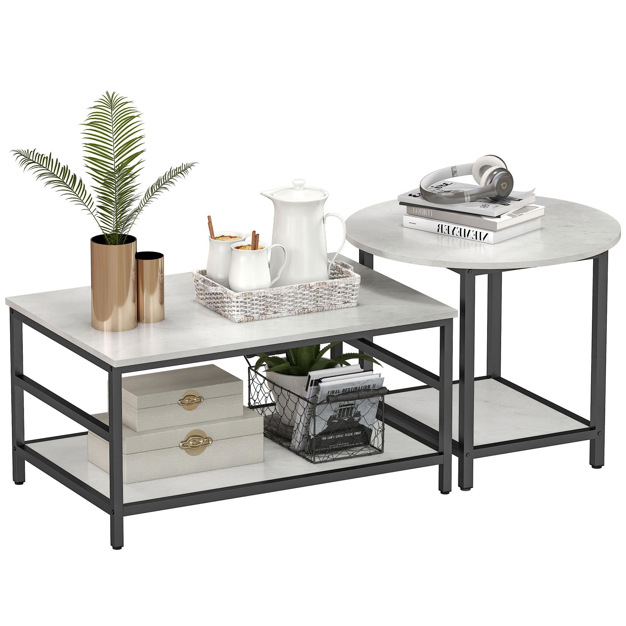 COUCHTISCH 2er-Set Beistelltisch, Kaffeetisch Satztisch mit Marmoroptik Stahl - Multicolor/Schwarz, Holzwerkstoff/Metall (80/54/41cm) - HOMCOM