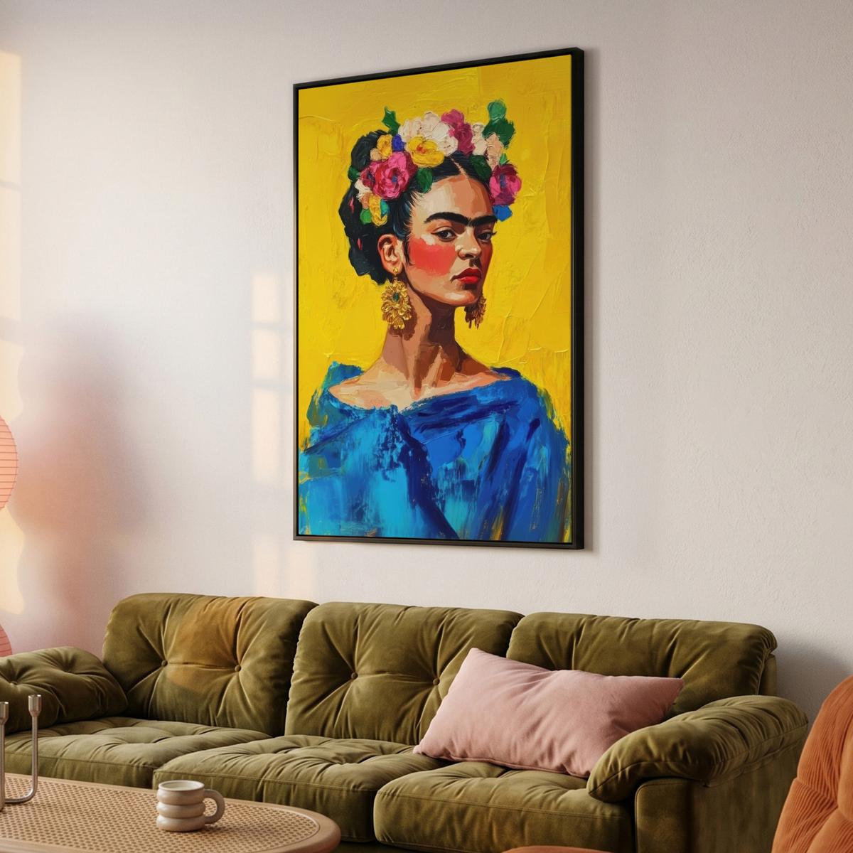 LEINWAND Bilder mit Rahmen - Frida Kahlo - Frau - Gelb - Blau - Blumen - 90x140 - Gelb, Textil (90/140cm) - MuchoWow