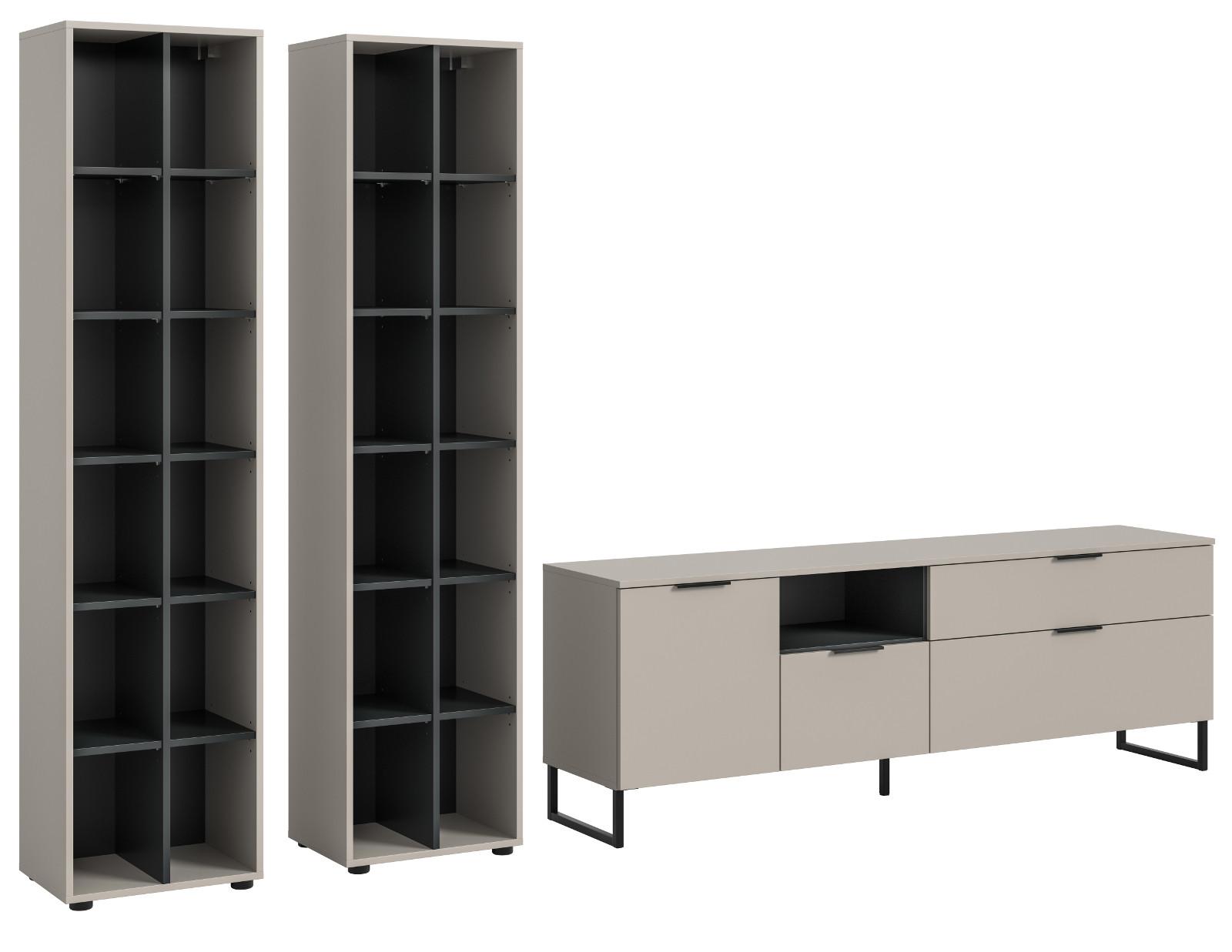 WOHNWAND kaschmir, schwarz 305 cm, Wohnzimmerschränke mit Soft-Close - Kaschmir/Schwarz, Holzwerkstoff/Kunststoff (305/192/41cm) - Inn.Furn