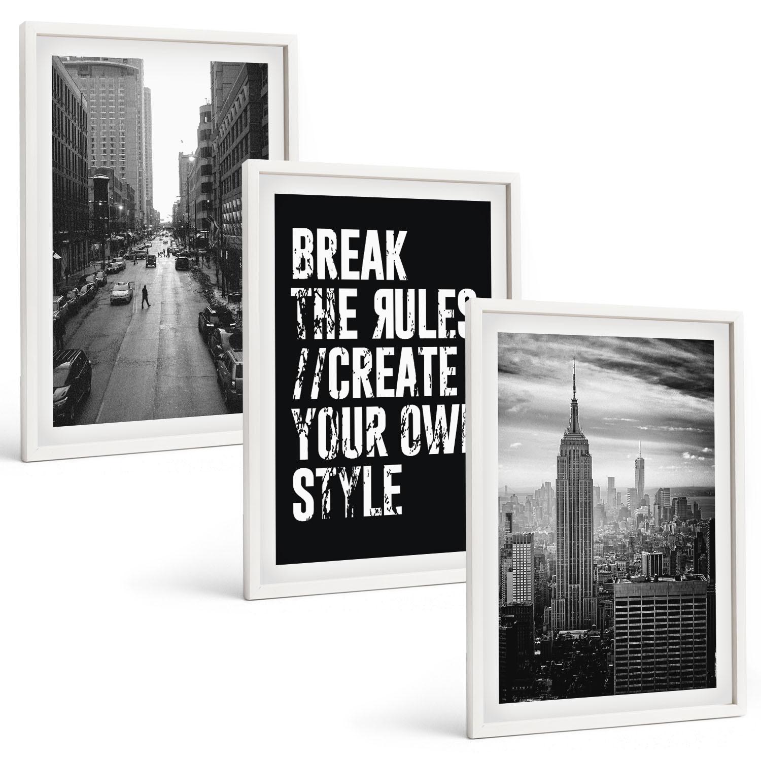 BILDER SET 3er Set - 40x60 cm Weißer Rahmen - Inspiration für Schwarz-Weiß-Darstellungen von Stadtstraßen - Weiß, Kunststoff (40/60cm) - TULUP