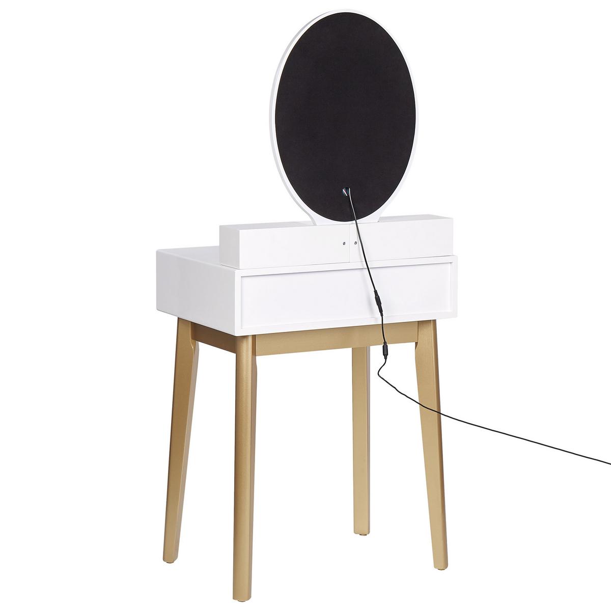 SCHMINKTISCH mit ovalem LED-Spiegel Hocker 3 Schubladen weiß/gold Rosey - Beige/Goldfarben, Holzwerkstoff (58/135/40cm) - Beliani