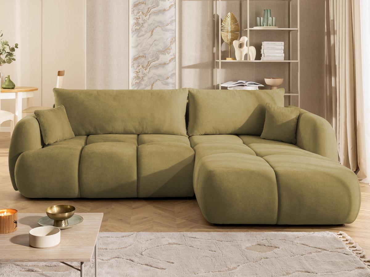 ECKSOFA Loretto aus natürlichem Grün Webstoff mit Schlaffunktion, Bettkasten und tiefen Steppungen in Bubble-Optik - Schwarz/Grün, Holz/Kunststoff (275/180cm) - S-Style