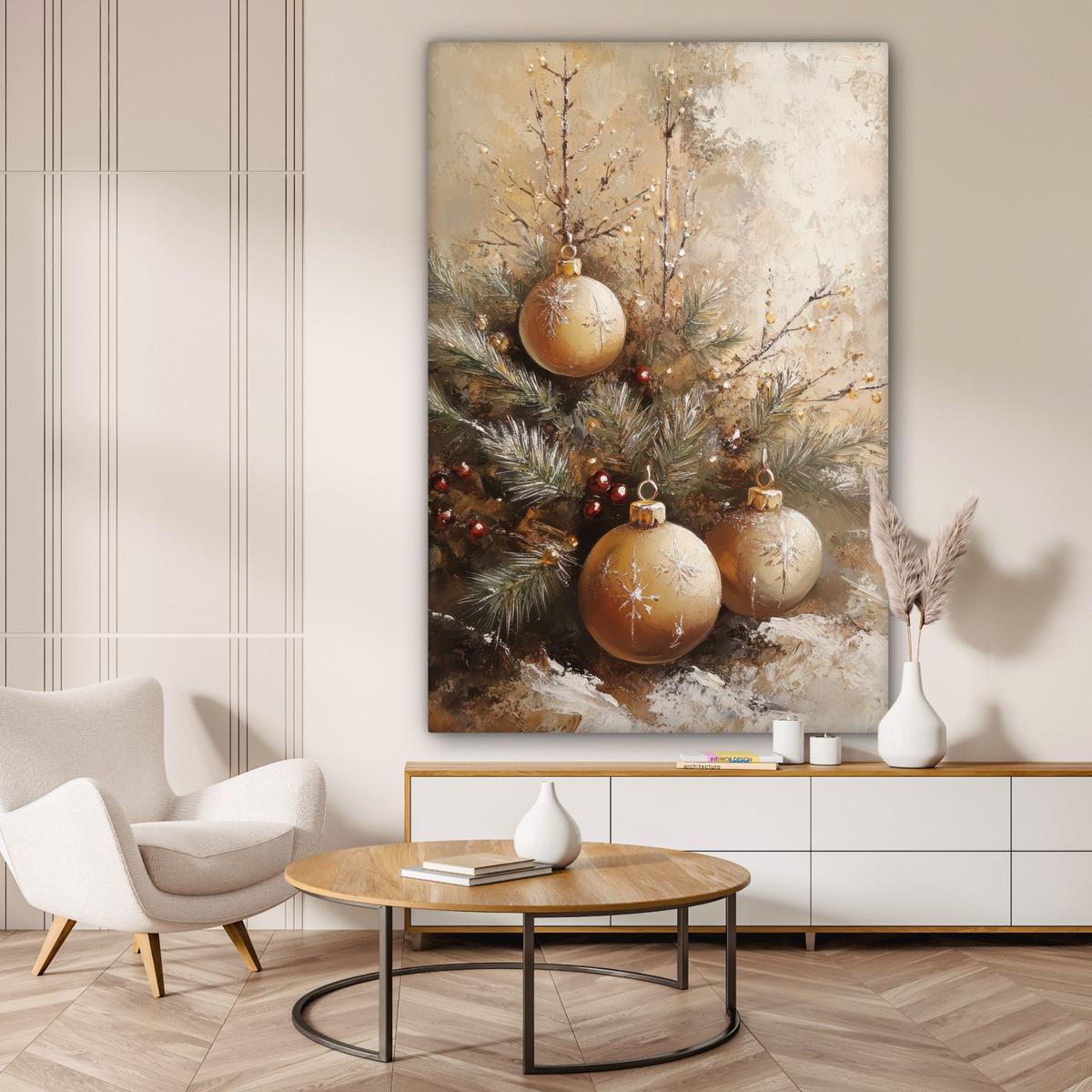 LEINWANDBILD Weihnachten - Kugeln - Beige - Gold Deko Groß 90x140 cm - Goldfarben, Textil (90/140cm) - MuchoWow