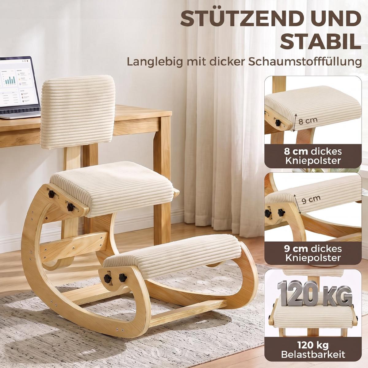KNIESTUHL Cord Birken-Sperrholz Cremeweiß - Creme, Textil (54/86/98cm) - HOMCOM
