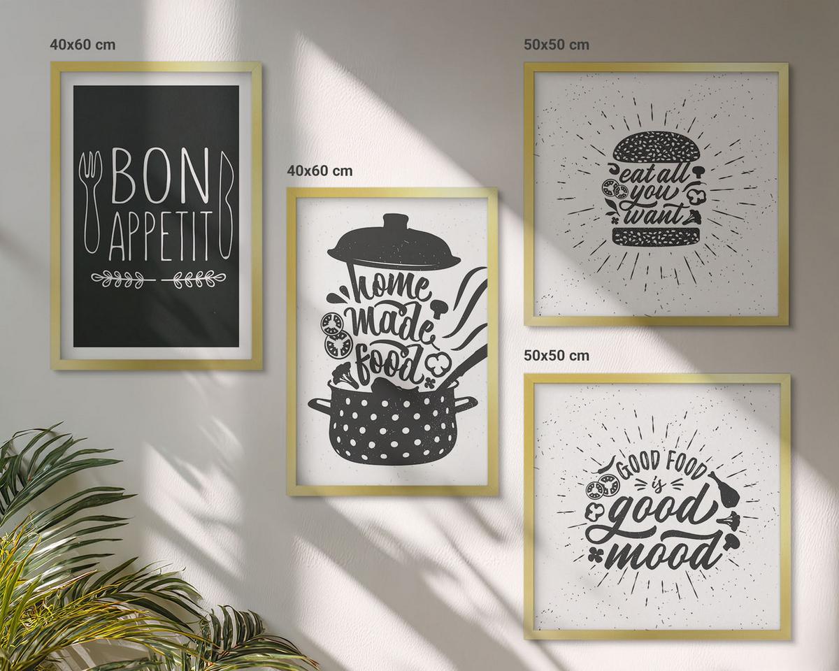 BILDER SET 4er Set - 50x50 cm & 40x60 cm Goldrahmen - Grafiken, Lebensmittel, kulinarische Slogans - Goldfarben, Kunststoff (50/50cm) - TULUP