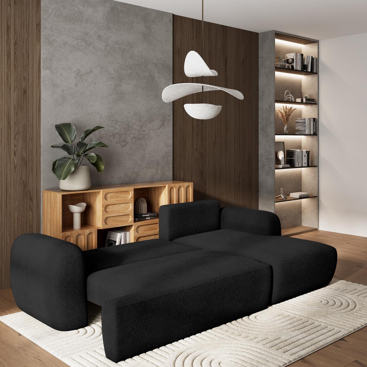 ECKSOFA MODENZA N R-S Schwarz Boucle-Stoff mit Schlaffunktion - Schwarz, Holz/Kunststoff (266/148cm) - MASSENO