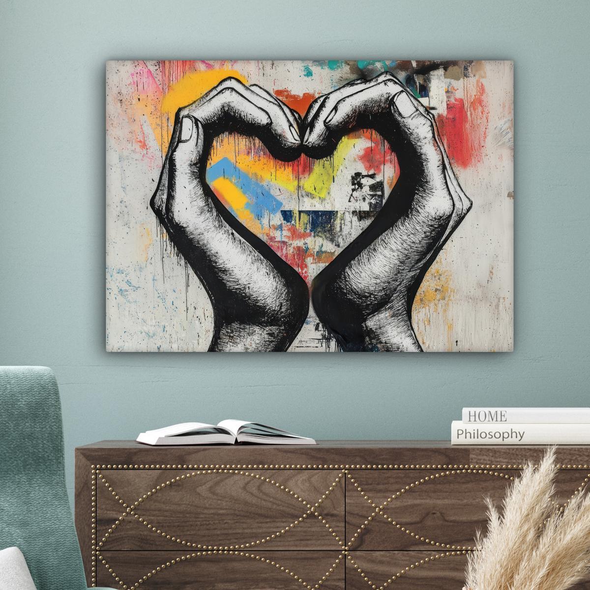 LEINWANDBILD Hände - Herz - Straßenkunst - Graffiti Wandbilder 80x60 cm - Multicolor, Textil (80/60cm) - MuchoWow