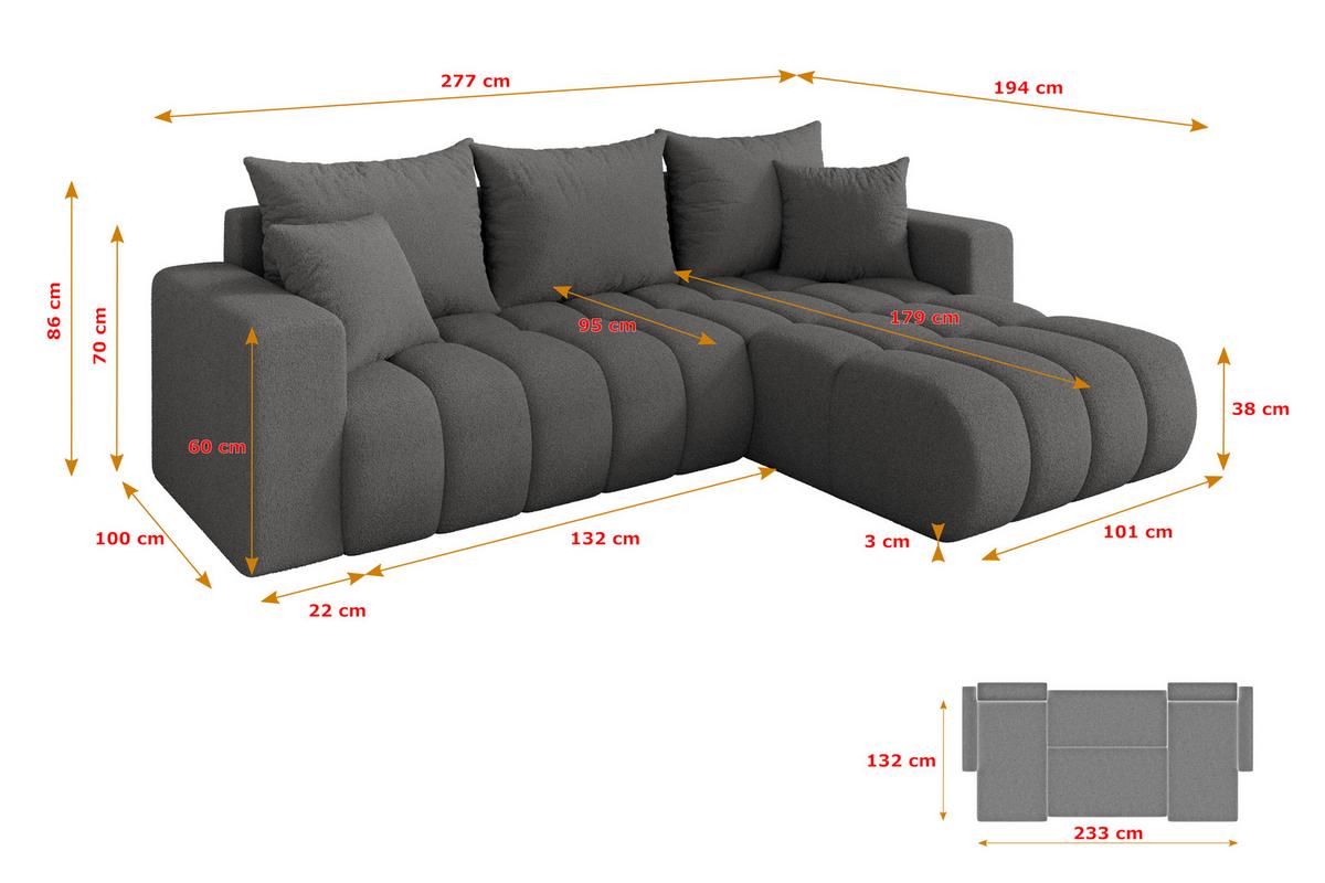 ECKSOFA mit Schlaffunktion Ottomane Rechts MILA-L-v1 277x195x86 Grau Bouclé - Schieferfarben/Schwarz, Holzwerkstoff/Kunststoff (277/194cm) - ALTDECOR