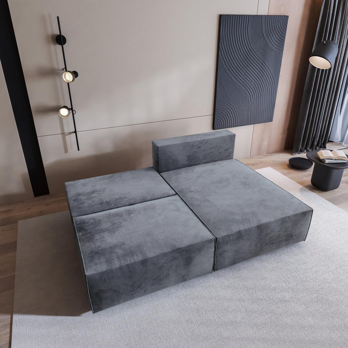 ECKSOFA FIORO M Grau Velours-Stoff mit Schlaffunktion - Grau, Holz/Kunststoff (204/148cm) - MASSENO