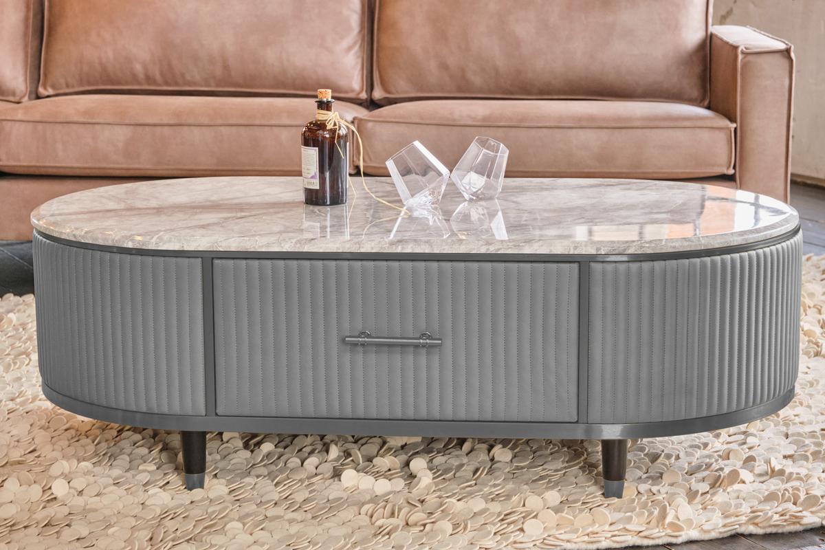 COUCHTISCH MARIA Grau Kunstleder, Marmor - Schwarz/Grau, Textil/Metall (70/130/45cm) - KAWOLA