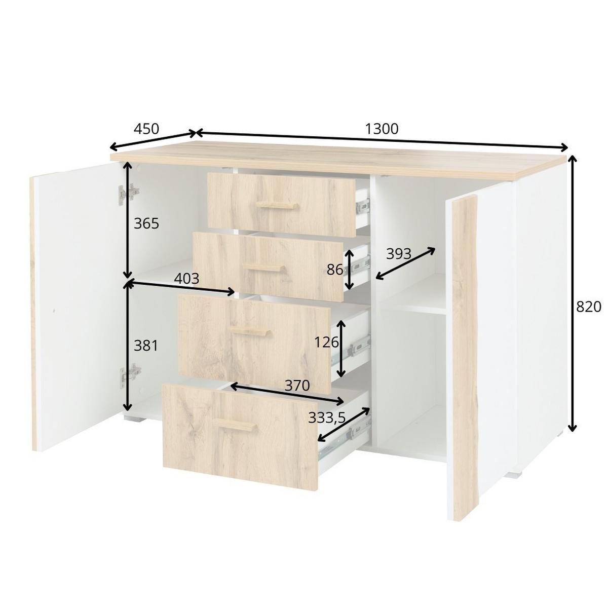 KOMMODE OSVIN 130/82/45cm mit 4 Schubladen 2 Türen Eiche Wotan - Eiche Wotan/Weiß, Holzwerkstoff (130/82/45cm) - MASSENO