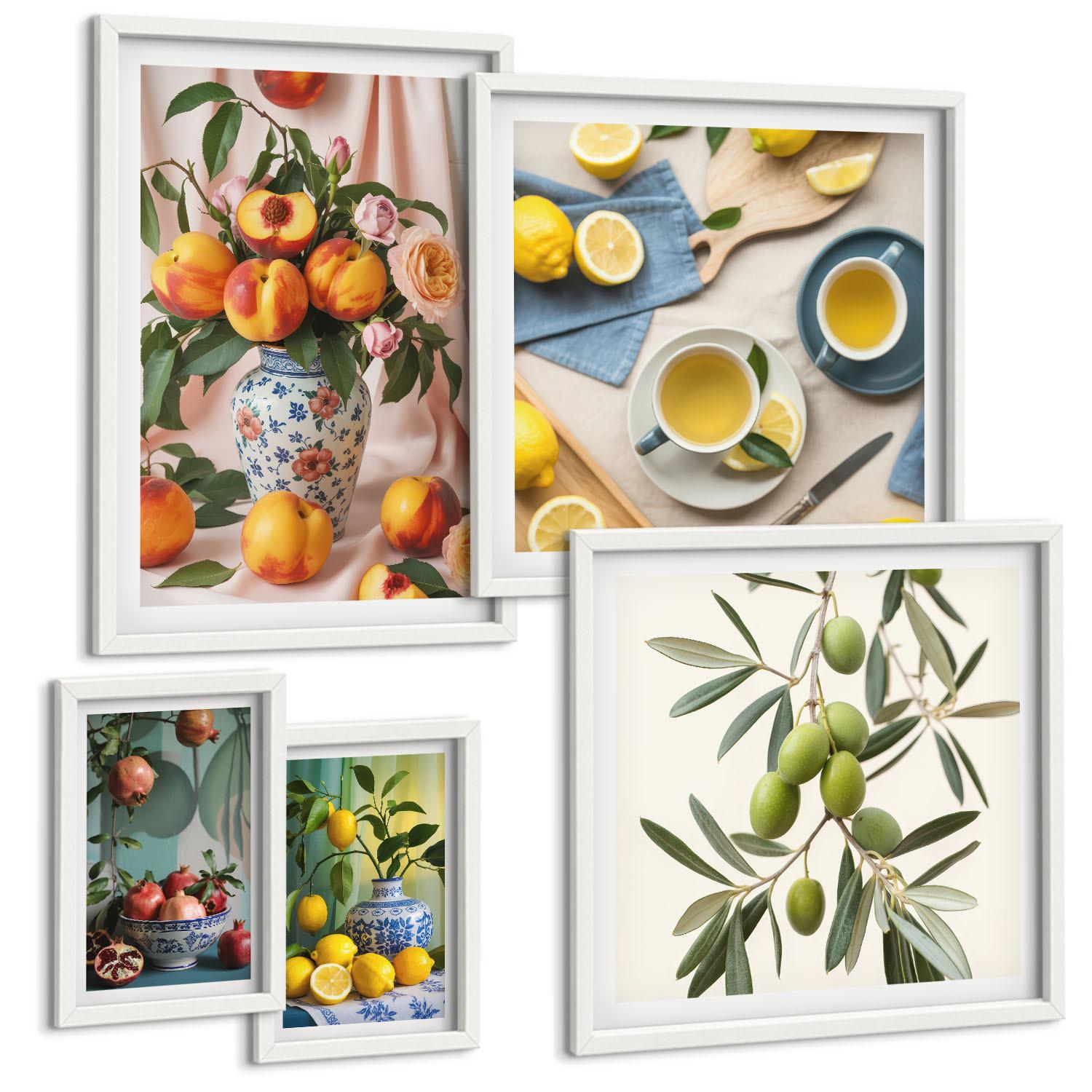 BILDER SET 5er Set - 50x50 cm & 20x30 cm & 40x60 cm Weißer Rahmen - Fruchtzusammensetzungen - Weiß, Kunststoff (40/60cm) - TULUP
