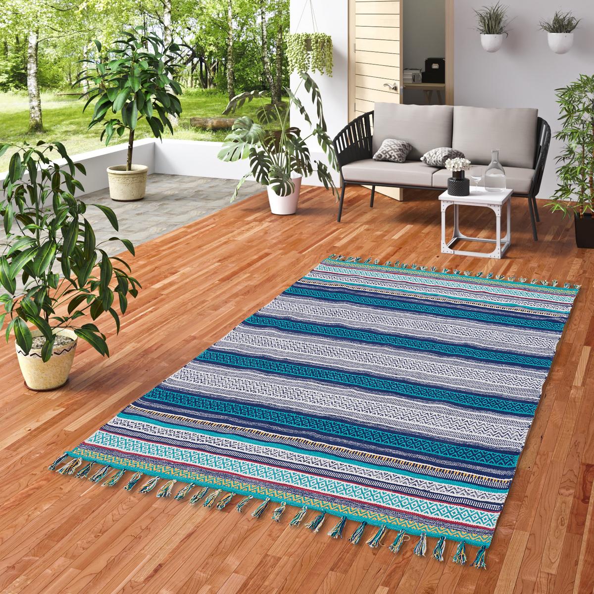 KELIM BAUMWOLLE NATUR TEPPICH GRACE - Blau, Textil (200/290cm) - Pergamon