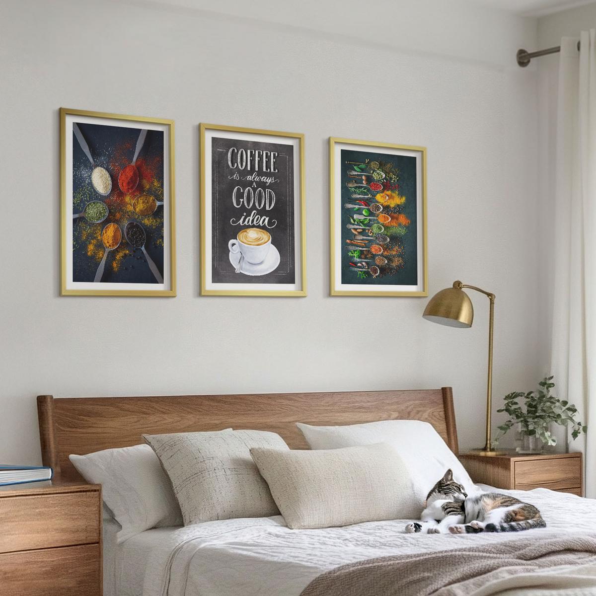 BILDER SET 3er Set - 40x60 cm Goldrahmen - Gewürze, Kaffee, Kräuter, Muster - Goldfarben, Kunststoff (40/60cm) - TULUP